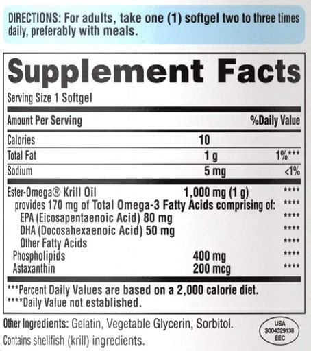 Масло криля Puritan's Pride Red Krill Oil 1000 mg 60 Softgels (856786)