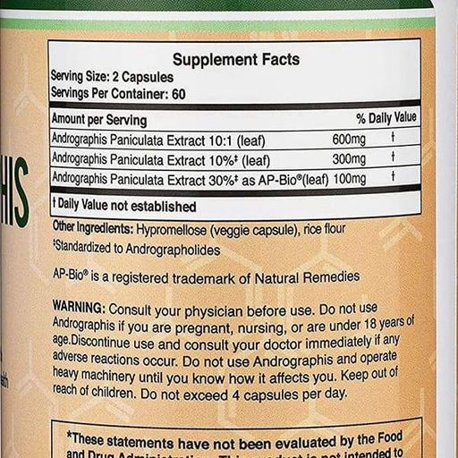 Натуральна добавка для імунітету Double Wood Andrographis 1000 mg (2 caps per serving) 120 Caps (859925)