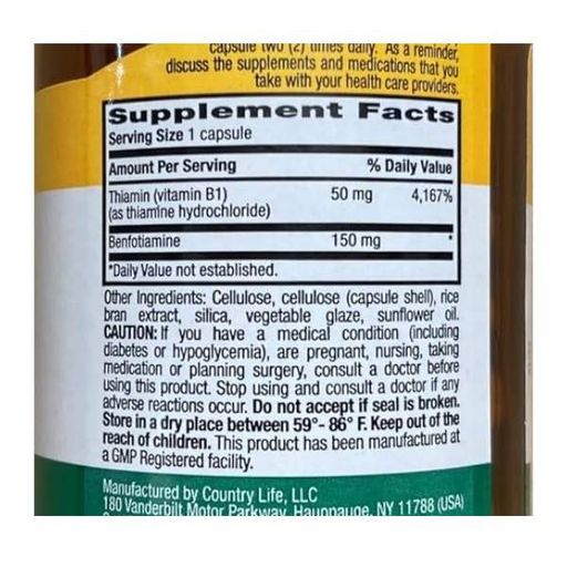 Тиамин Country Life Benfotiamine with Thiamin 150 mg 60 Veg Caps (861150)