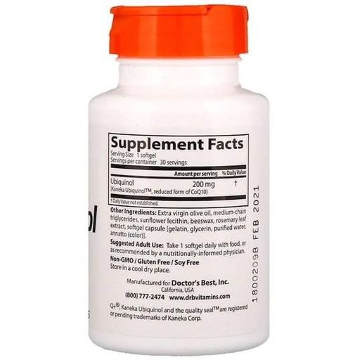 Complément Alimentaire Doctor's Best Ubiquinol (Kaneka) 200 Mg - 30 Gélules, Neuf Sous Emballage
