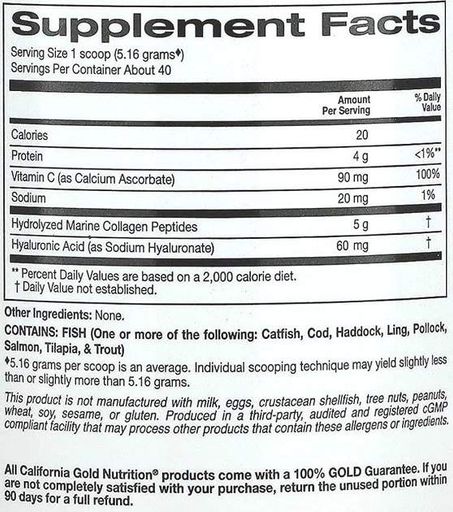 Комплекс для кожи, волос, ногтей California Gold Nutrition CollagenUP, Marine Hydrolyzed Collagen + Hyaluronic Acid + Vitamin C, 206 g /39 servings/ Unflavored (865222)