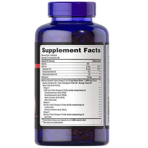 Омега 3-6-9 Puritan's Pride Maximum Strength Triple Omega 3-6-9 Fish, Flax & Borage Oils 240 Softgels (865775)