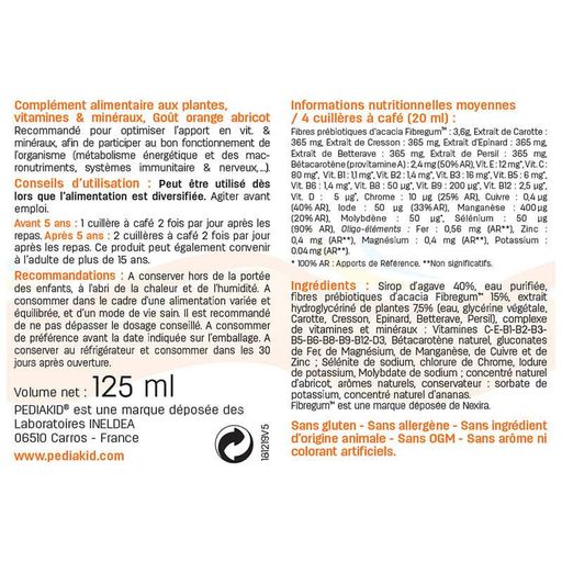 Смесь экстрактов Pediakid 22 Vitamins and minerals 250 ml /50 servings/ Orange Apricot (866414)