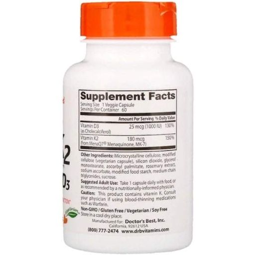Витамин K Doctor's Best Natural Vitamin K2 MK-7 with MenaQ7 plus Vitamin D3 180 mcg 60 Veg Caps DRB-00404 (866833)