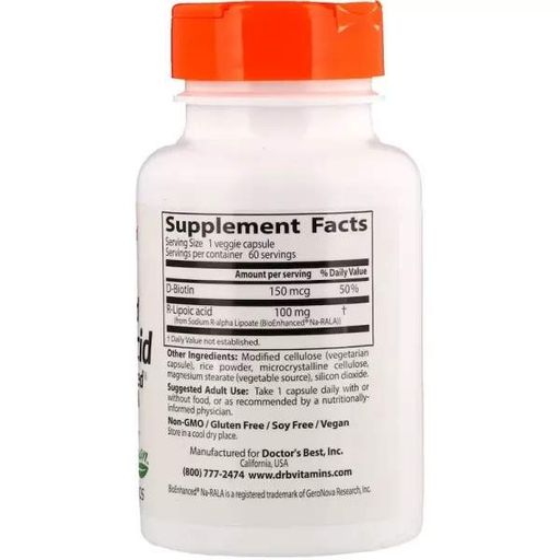 Альфа-липоевая кислота Doctor's Best Stabilized R-Lipoic Acid with BioEnhanced Na-RALA 100 mg 60 Caps (866893)