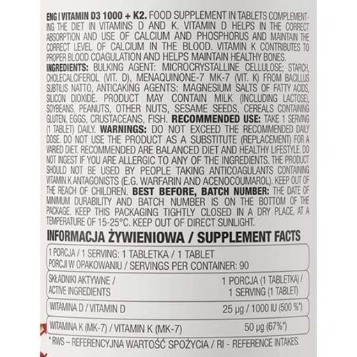 Витамин D для спорта OstroVit Vitamin D3 1000 + K2 90 Tabs (866960)