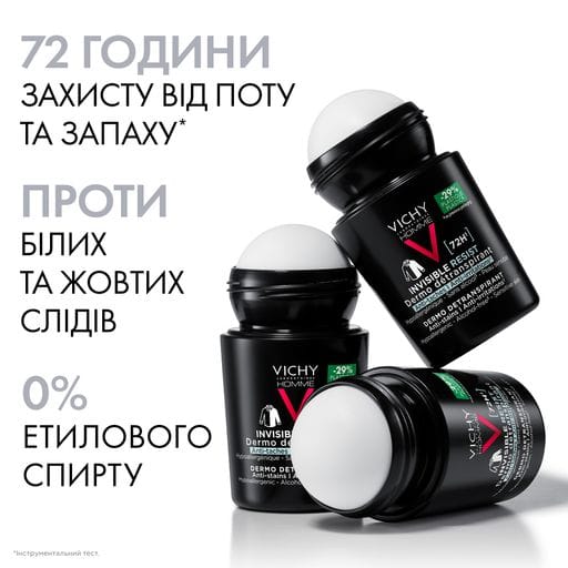 Шариковый дезодорант-антиперспирант Vichy Homme Invisible Resist 72 часа защиты от пота и запаха, 50 мл