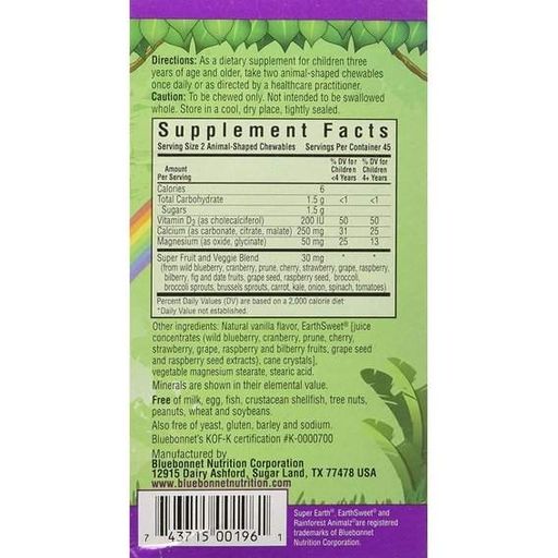 Вітамін D Bluebonnet Nutrition Rainforest Animalz Vitamin D3 400 IU for kids 90 Chewable Tabs Natural Mixed Berry Flavor (879563)