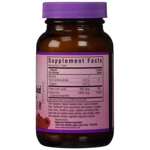 Фолієва кислота Bluebonnet Nutrition Earth Sweet Chewables Vitamin B12 & Folic Acid 90 Chewable Tabs Raspberry (879706)
