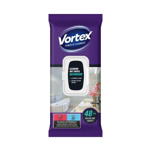 Салфетки хозяйственные влажные для ванной комнаты Vortex с клапаном, 48 шт