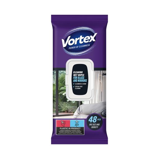 Салфетки хозяйственные влажные для стекла Vortex с клапаном, 48 шт