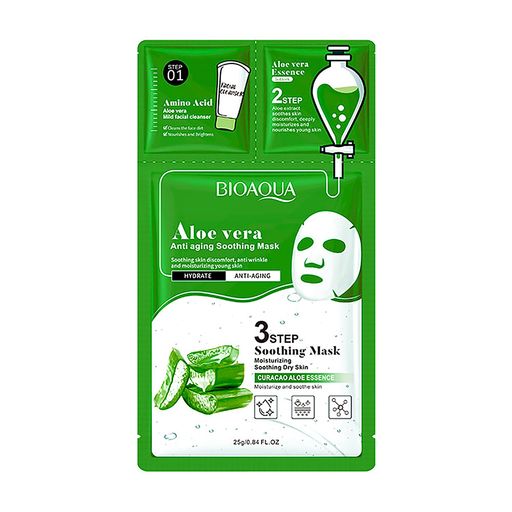 Трехэтапная маска для лица Bioaqua Aloe Vera Anti Aging Soothing Mask (Step 01, 0.8 г + Step 02, 0.8 мл + Step 03, 25 г)