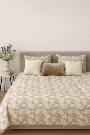 Комплект постільної білизни Ecotton двоспальний 180х215 см теплий із фланелі бежевий з квітами (267262) (925111)