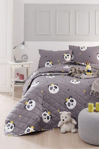 Покрывало стеганое с наволочками Enlora Home Kral Panda Gri серый 240х225 (928514)