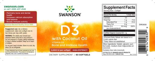 Витамин D Swanson Vitamin D3 with Coconut Oil High Potency 2000 IU 60 Softgels (932705)