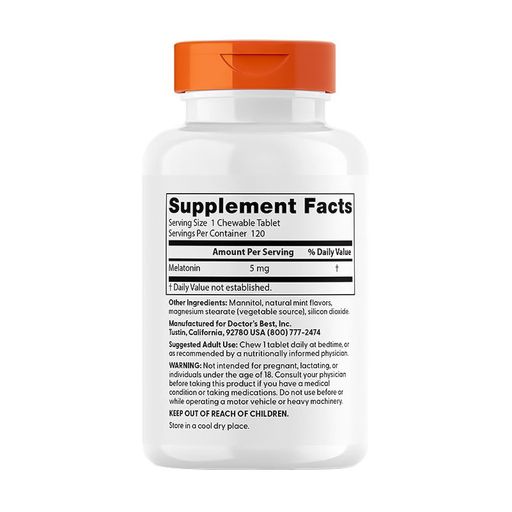 Мелатонін Doctor's Best Melatonin 5 мг, з натуральним смаком м'яти, 120 жувальних таблеток