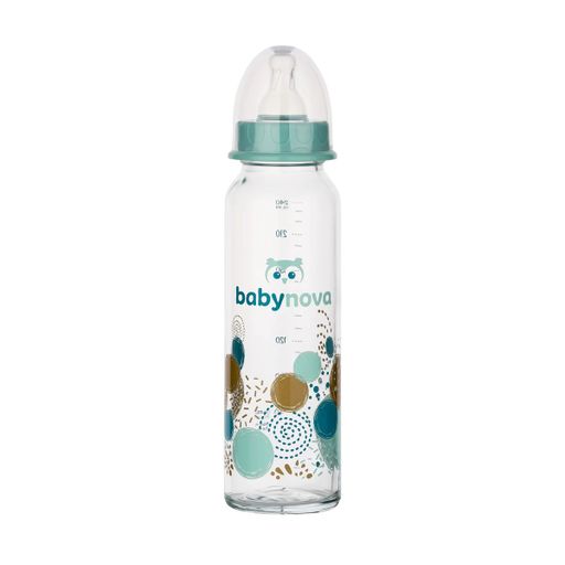 Детская стеклянная бутылочка для кормления Baby-Nova Декор, средний поток, с рождения до 2 лет, голубая, 240 мл (3960325)